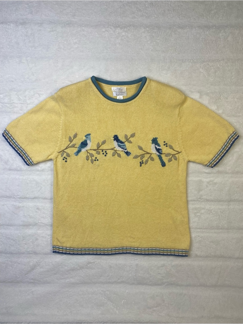 Vintage Christopher & Banks Pale Yellow Knit Sweater with Blue Trim